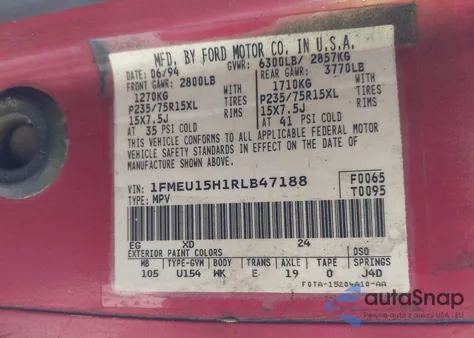 1994 Ford Bronco U100 z USA, uszkodzony, nr VIN 1FMEU15H1RLB47188